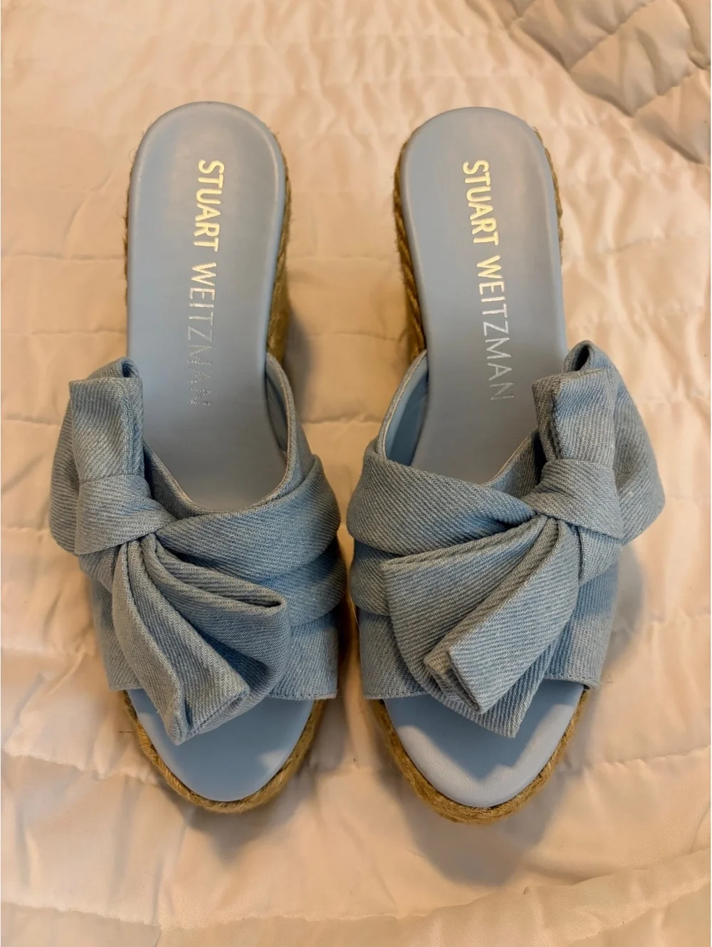 Stuart Weitzman Blue Denim Espadrille LoveKnot slide sandals size 9.5 worn once